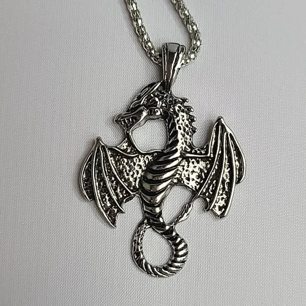 Winged Dragon Necklace Silver Zinc Alloy Pendant Men's Fashion Jewelry Chain